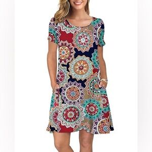 KORSIS Mini Summer Floral T Shirt Dress Round Flower Navy Red Orange Size M
 b67